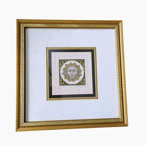 Framed Celestial Sun Art Print, Kathleen Ney, Gold Greek Key Wood Frame Vintage